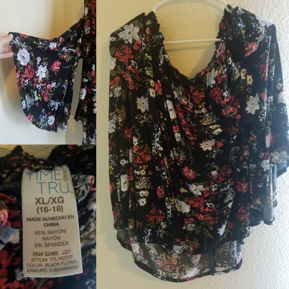 Time and Tru Black and Pink Floral OTS Top